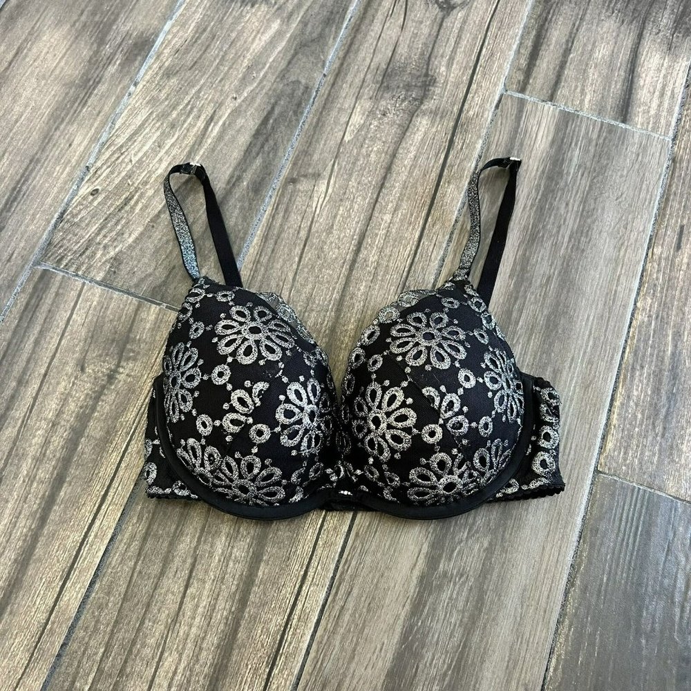 Victoria’s Secret push-up bra Black silver 32DD floral